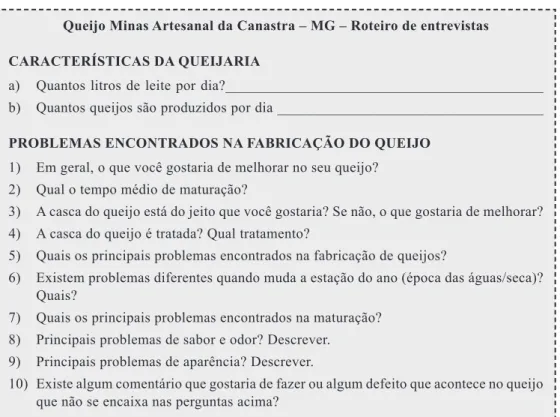 Figura 1 – Modelo de questionário não estruturado aplicado aos produtores de queijos Minas  artesanal da região da Canastra