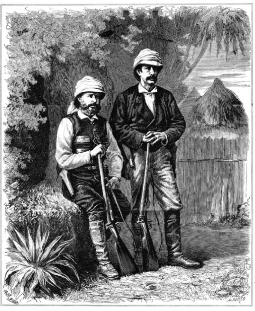 FIG.  7 – Os exploradores de África Capelo e Ivens em 1877, numa gravura de Caetano Alberto  sobre desenho de Manuel de Macedo