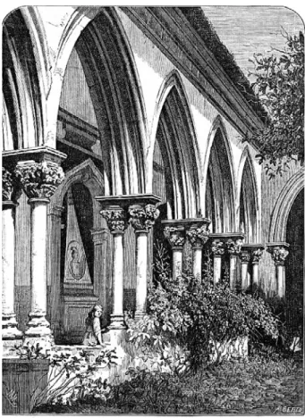 FIG. 3 –  Gravura de Caetano Alberto da Silva sobre um desenho de Manuel de Macedo realizado a  partir de uma fotografia do claustro do cemitério do Convento de Cristo, em Tomar
