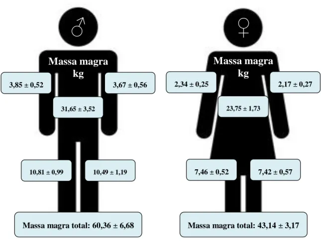 Figura 1: Média e DP da massa magra (kg) total e de cada segmento corporal em função do género