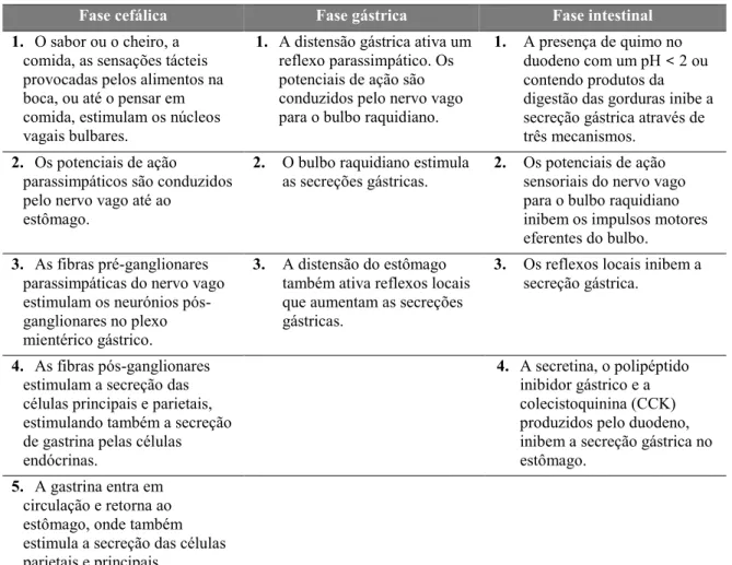 Tabela 2. As três fases da secreção gástrica (adaptado de Seeley et al., 2005, p.892) 