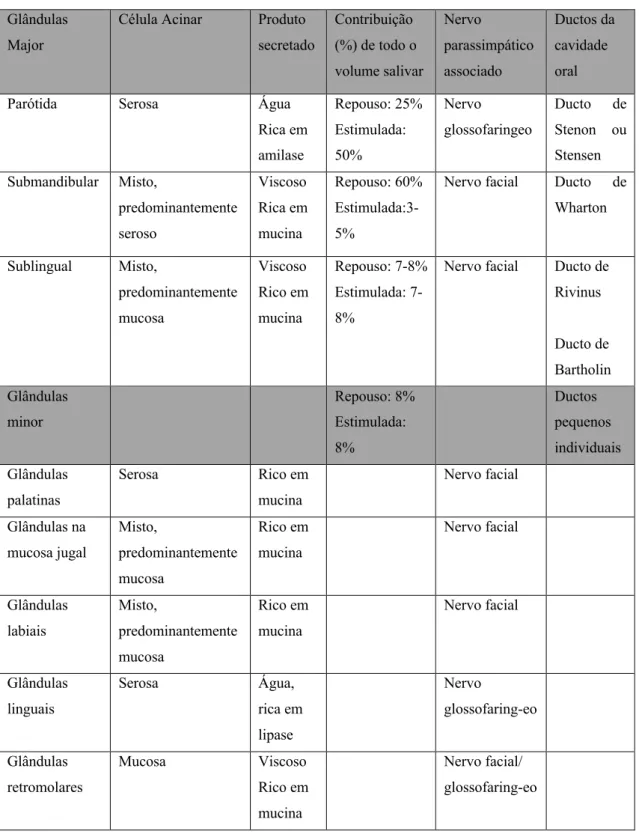 Tabela 1-  Características estruturais da glândulas salivares, inervação parassimpática e contribuição para  o volume da saliva total em casos de  ausência ou presença de estímulos exógenos (Adaptado de Pedersen,  Sørensen, Proctor, Carpenter, &amp; Ekströ