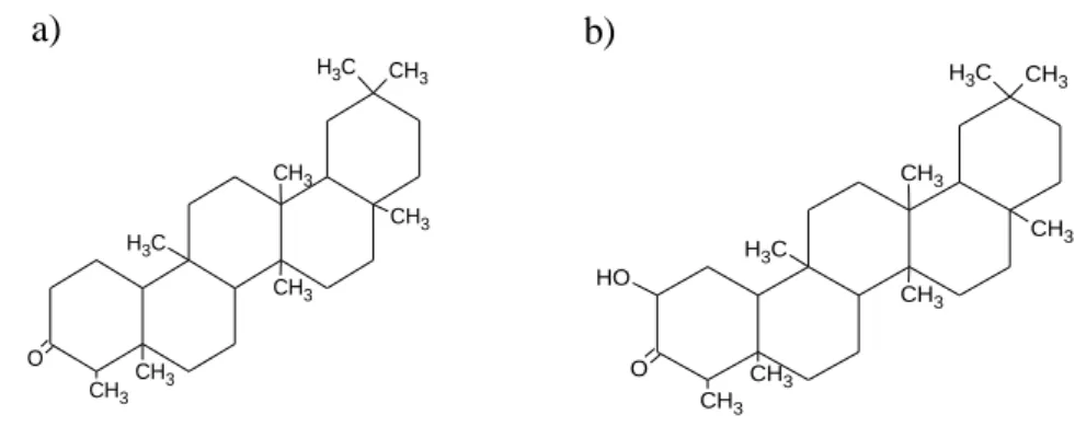 Figura 17 – Estrutura de triterpenos da cortiça: (a) friedelina; (b) cerina (Gil, 1998)