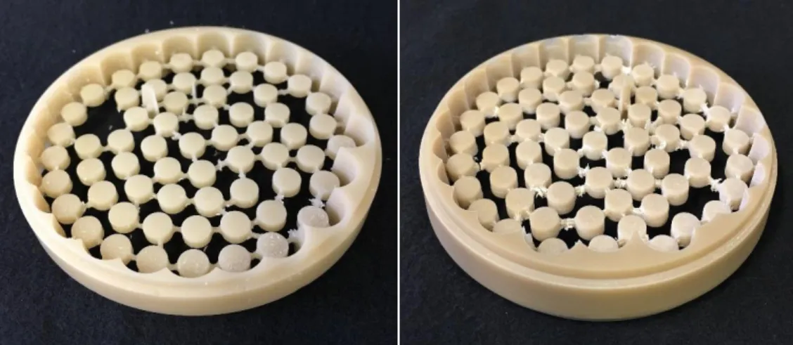 Figure 1: CAD/CAM milled blocks made of PMMA (left) and POM (right). 