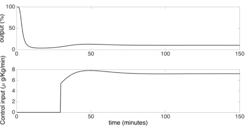Figure 5: Simulation of the NMB level response (upper plot) using the PI control input (bottom plot).