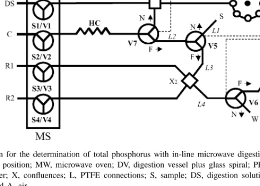 Fig. 2. MSFIA system for the determination of total phosphorus with in-line microwave digestion: MS, multi-syringe; Si, syringe; Vi, solenoid valves;
