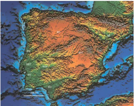 Fig. 1. Modelo digital da Península Ibéria (MDT) e áreas marinhas adjacentes, onde se distin- distin-guem  bem  as  bacias  com  drenagem  atlântica  (a  cor  verde)  que  capturaram  a  drenagem  de  bacias cenozoicas endorreicas (a cor laranja) do interi