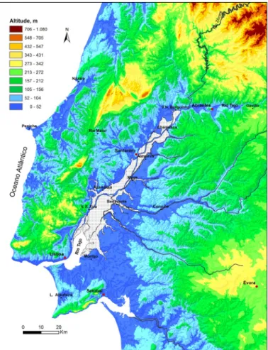 Fig. 3. Hipsometria do Baixo Tejo, identificando-se o rio Tejo e os seus princi- princi-pais  afluentes  (modelo  digital  de  terreno  baseado  nos  dados  altimétricos  ASTER, com 30 m de píxel)