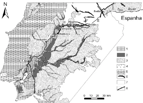 Fig. 5. Mapa geológico simplificado da Bacia Cenozoica do Baixo Tejo (adaptado da Carta Geológica  de Portugal na escala 1/500000, de 1992)