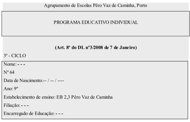 Tabela 10 – Programa Educativo Individual do aluno n.º 64. 