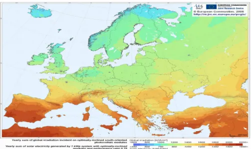 Figura 2.1 – Potencial de energia solar fotovoltaica nos países europeus [14]. 
