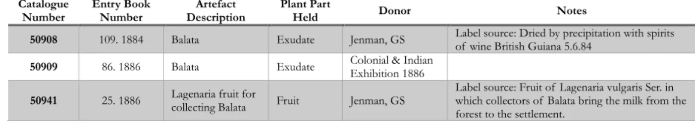 Table 01. Objects related to balata (Manilkara bidentata (A. DC.) A. Chev. = Mimusops globosa C.F