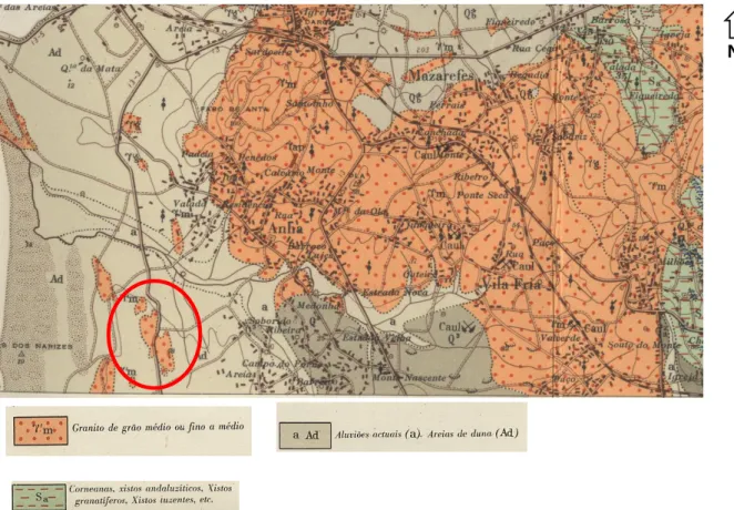 Figura 10 – Extrato da carta geológica de Viana do Castelo 5-A, na escala original 1: 50 000 (Cândido de Medeiros e Teixeira,  1970)
