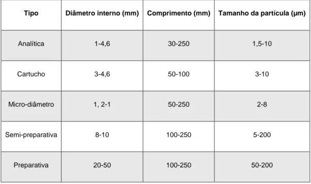 Tabela 4 – Diferentes tipos de colunas de HPLC e respetivas caraterísticas (Lee, 2011)