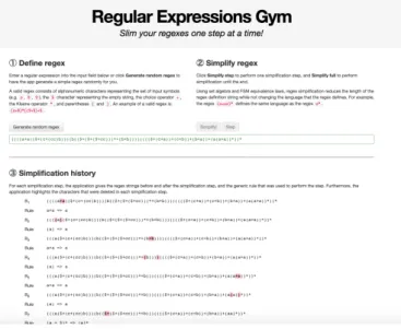 Figure 2.4: Regular Expression Gym Page [40] with an example of a Regular Expression simplification