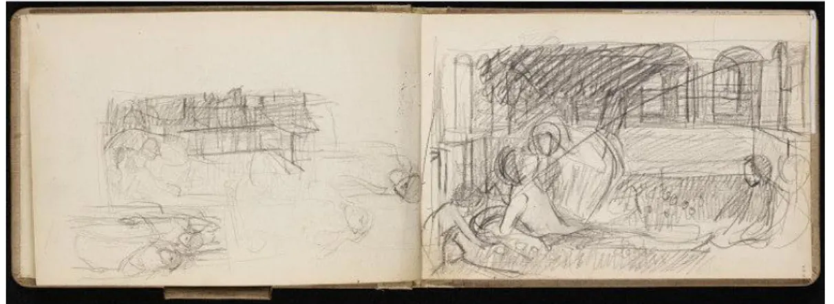 Figura 10. Esboço de, na página da esquerda, The Nymphs Finding the Head of  Orpheus (1900) e, na da direita, The Awakening of Adonis (1900) (E.1111-1963) 312