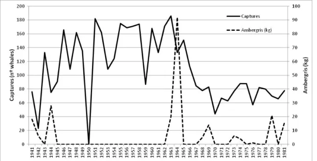 Figure 5 - Number of captured sperm whales and amount (in kilograms) of ambergris obtained during the period of the Madeira land-based whaling.