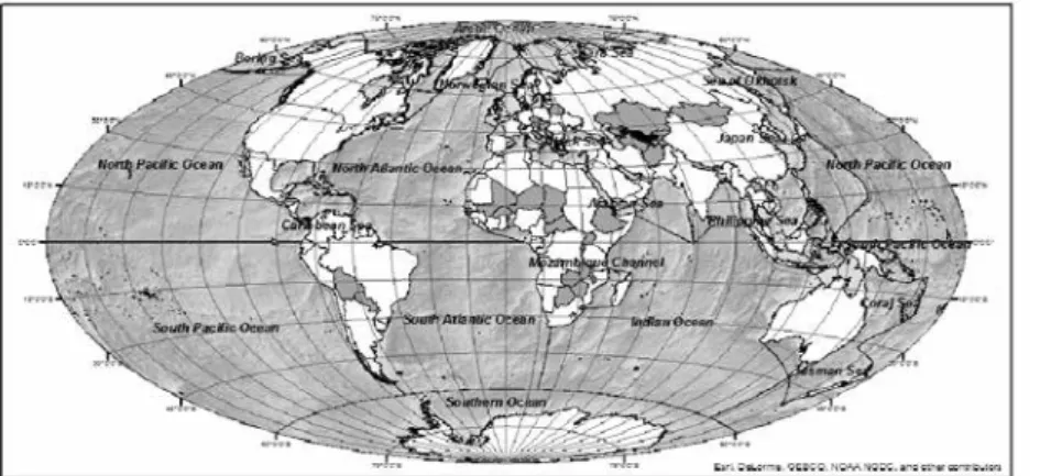 Figura 1  &gt;  Modelo do oceano global, representado numa projeção Aitoff (WGS84) 