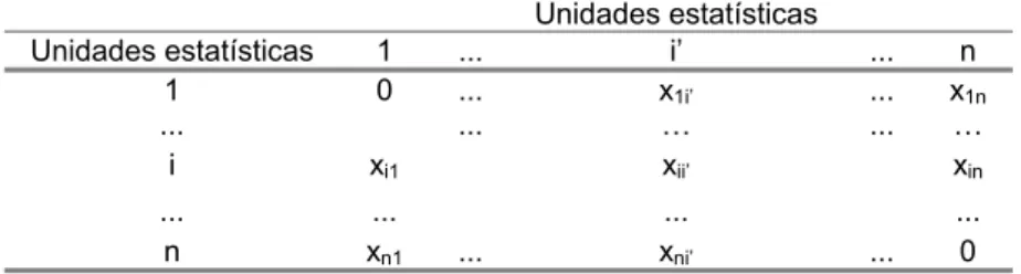 Tabela 4.2.2. Matriz score, X (nxn), em que x ii’  designa o score atribuído às unidades  estatísticas i e i’ pela variável X 