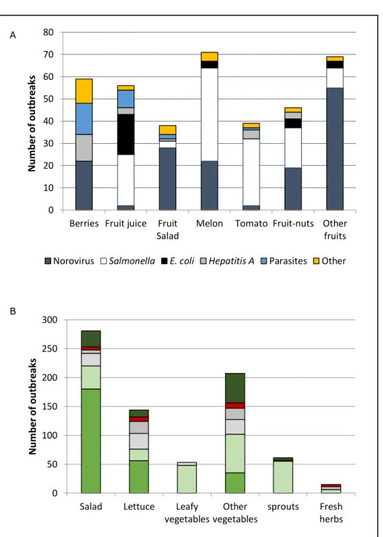 Figure 1. Reported foodborne outbreaks in fruits (A) and vegetables (B). 