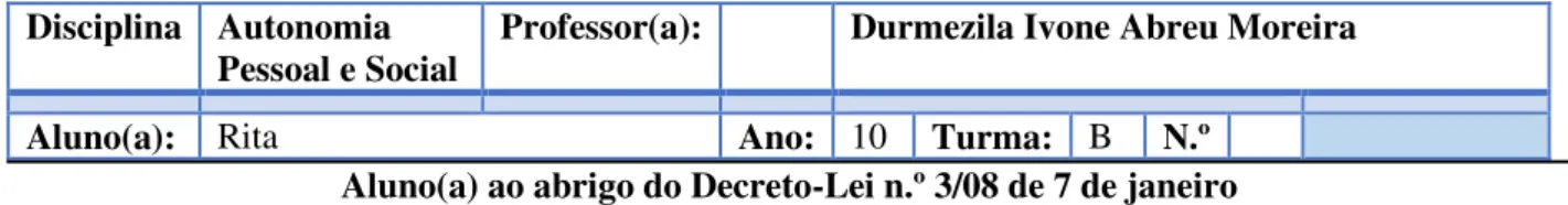 Tabela 7  –  Currículo Especifico Individual  –  área curricular/disciplinar de  Autonomia Pessoal e Social  