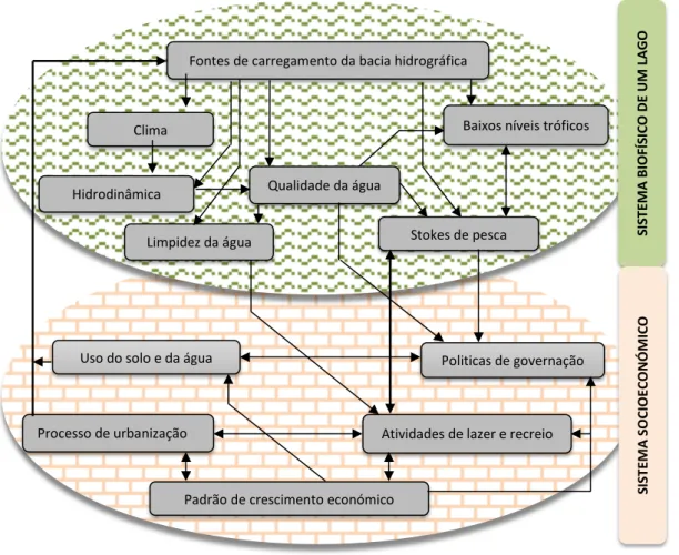 Figura 1.7 Modelo de conjugação de parâmetros biofísicos e socioeconómicos num sistema lagunar; adaptado de Fiksel, (2006) 