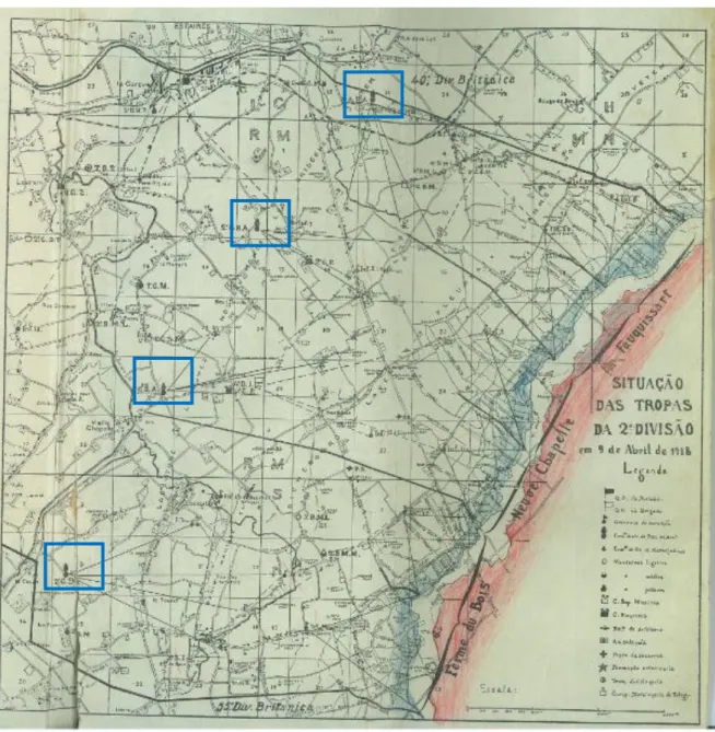 Figura 7 - Vista das posições dos GBA no &#34;setor português&#34; a partir de 6 de abril de 1918 – II  Adaptado de Carvalho (1924)