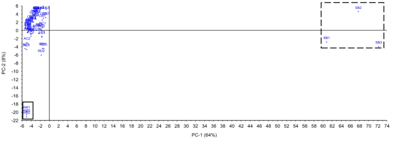 Fig. 1. Scores plot resulting from principal component analysis of multi-target experiment data of the several mushrooms samples