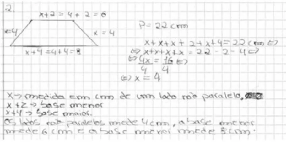 Figura 5.13 – Resolução de equação a partir da figura geométrica do problema 2 da ficha &#34;Quadriláteros e  Trapézios&#34; 