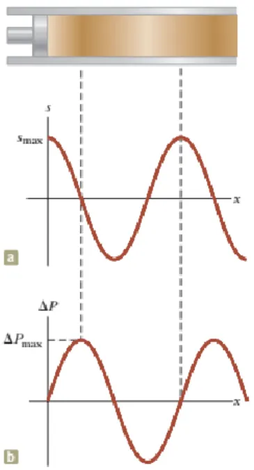 Figura  3.2  –  (a)  amplitude  de  deslocamento  e  (b)  amplitude  de  pressão  em  função  da  posição para uma onda sinusoidal longitudinal