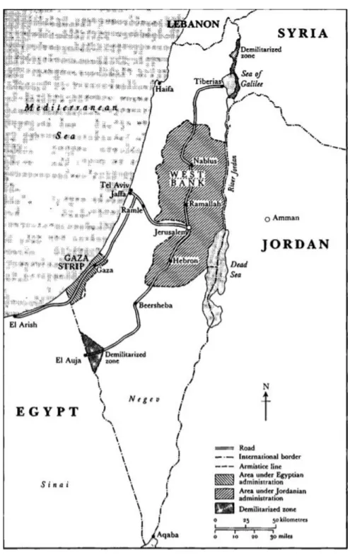 Figura n.º 4 – As Fonteiras de Israel após a Guerra da Independência, 1948  Fonte: Shlaim, 1988, p