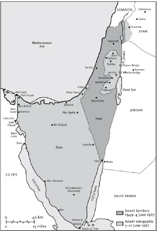 Figura n.º 5 – Conquistas de Israel após a Guerra dos Seis Dias, 1967  Fonte: Bregman, 2016, p