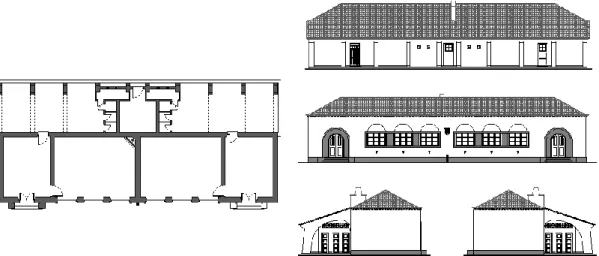 Figura 2. 2 – Desenhos Representativos – Escola da Serra D`Ossa – Planta, Alçado Principal, Alçado  Posterior, Alçado Lateral Direito e Alçado Lateral Esquerdo.