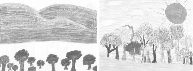Figura 5: Exemplos de desenhos representando formações florestais, realizados por alunos do ensino  fundamental da rede pública municipal de Anápolis/GO, no ano de 2015