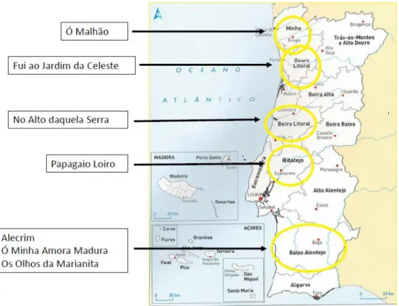 Figura 8 - Localização Geográfica das Canções Escolhidas (Mapa: Cabral &amp; Andrade, 2003) 