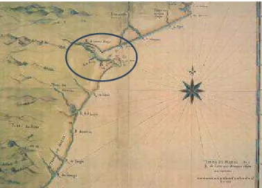 Figura 17 – Terra do Natal 52 . No mapa é visível a baia e uma ilha a meio do estuário, génese da cidade de Maputo