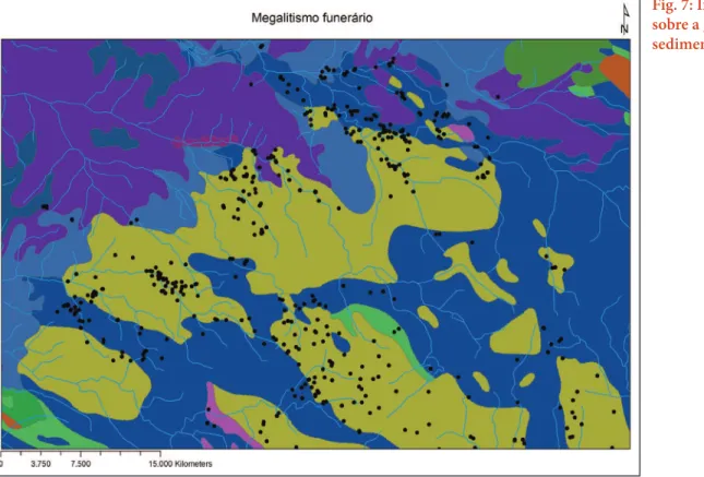 Fig. 7: Implantação dos monumentos megalíticos do Alentejo central,  sobre a geologia (amarelo: rochas eruptivas plutónicas; azul: formações  sedimentares e metamórficas)