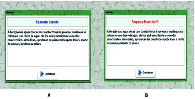 Figura  5  –  “Print  screen”  da  tela  confirmando  se  a  questão  está  correta  (A)  ou  incorreta  (B),  com  informações que justificam o erro ou o acerto e o ícone para continuar