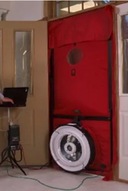 Figure 7 - Set-up equipment of a blower door for the measurement of air tightness (source: Chen et al., 2012) 