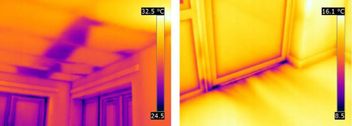 Figure 8 – Construction flaws identified  using thermography:  on the left) an area  of ceiling where insulation  above  was  installed  incorrectly;  on  the  right)  air  leakage  below  a  door  cools  the  surface  of  the  surrounding  floor