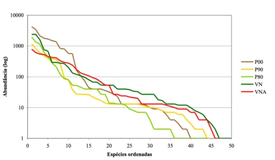 Figura  12  –  Gráfico  de  ordenação/abundância  de  Whittaker  construído  a  partir  das  densidades das espécies amostradas, excepto gramíneas