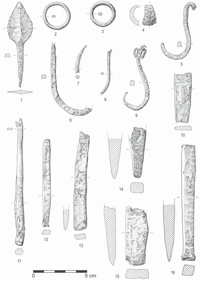 Fig. 6 – Leceia. Ponta de seta, argolas (Idade do Bronze), punção/artefacto de fazer rede, peças indeterminadas, anzóis e escopros