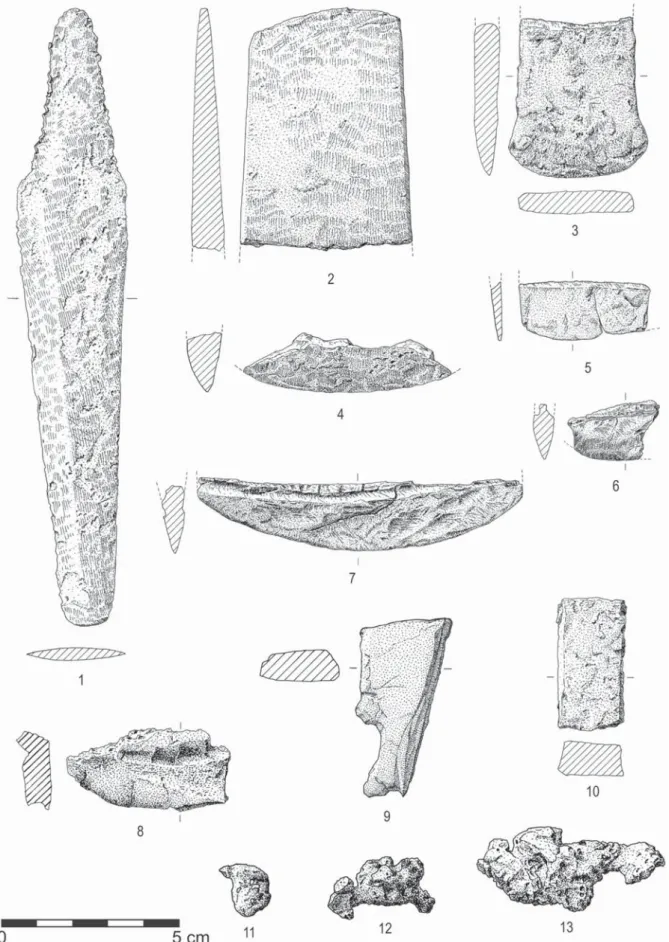Fig. 7 – Leceia. Resíduos de fundição, lingotes, machados planos, peças indeterminadas e faca/punhal