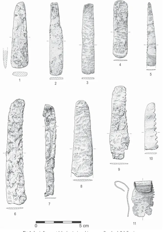 Fig. 4 – Leceia. Facas espatuladas, formões/raspadeiras e serras. Desenhos de B. L. Ferreira.