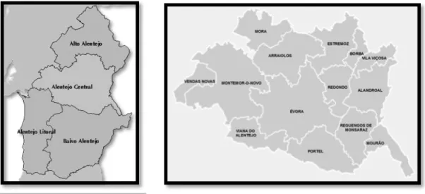 Figura 5.  Mapas- Alentejo Central e Concelhos do Distrito de Évora      Fonte: CIMAC (2012)