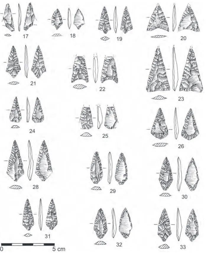 Fig. 13 –  Anta das Pedras da Granja. Pontas de seta. Desenhos de F. Martins.