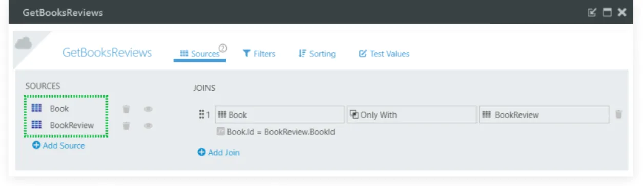 Figure 2.7: Sources view of an Aggregate in OutSystems.