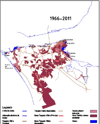 Figura 26- Evolução do tecido Urbano da cidade de Almada entre 1966-2011  Fonte: Ferreira (2013) 