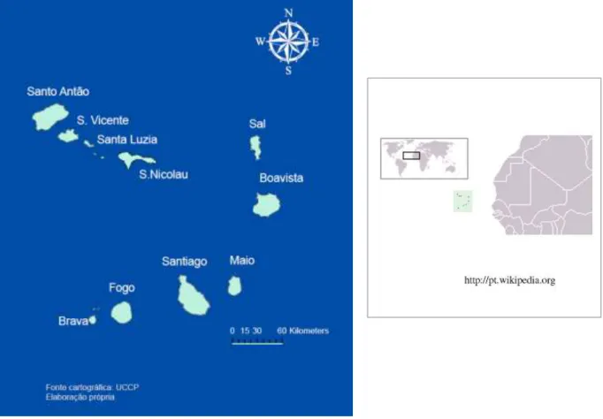 Figura 10 - Localização geográfica de Cabo Verde e as ilhas do arquipélago 