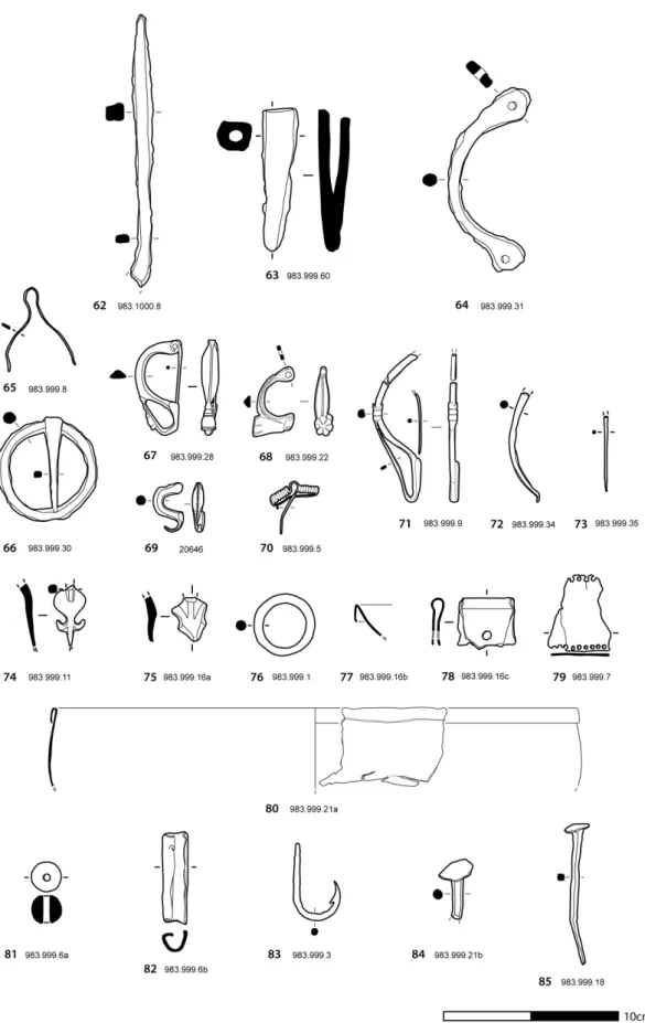 Fig. 11 - Artefactos metálicos: armas e militaria (n.ºs 62 a 64), pinça (n.º 65), fíbulas (n.ºs 66 a 73), elementos de baixela  metálica de liga de cobre (n.ºs 74 a 80), ponderal (n.º 81), utilitários de pesca (n.ºs 82 e 83) e complementos de artefactos de